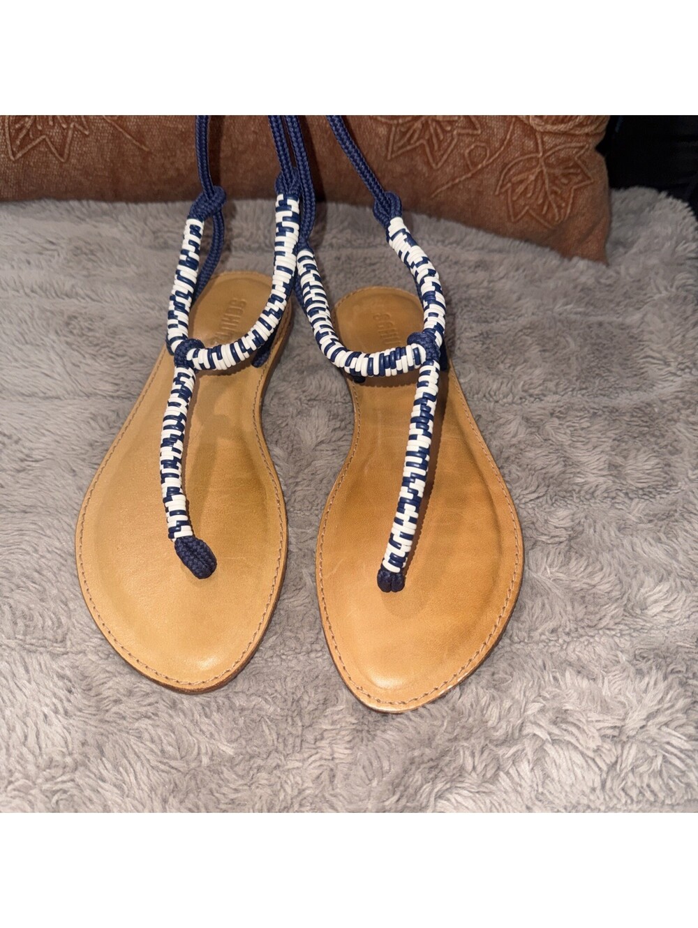 New Schutz Claire Sandal Women 10B Navy Blue White Lace Up Nautical Flat Thong